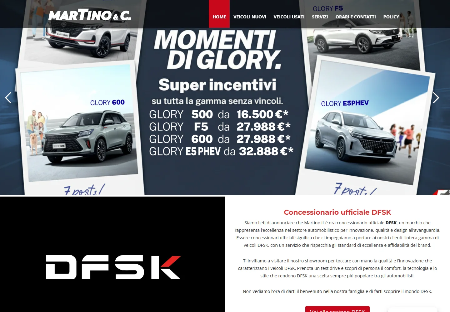 Screenshot reale del sito automotive Martino