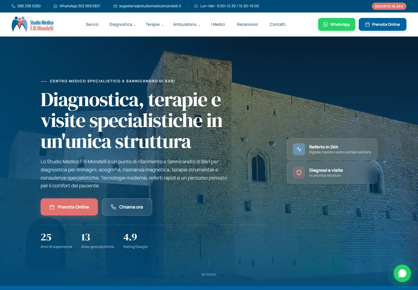 Screenshot reale dello Studio Medico F.lli Mondelli con servizi e collegamento alla prenotazione online