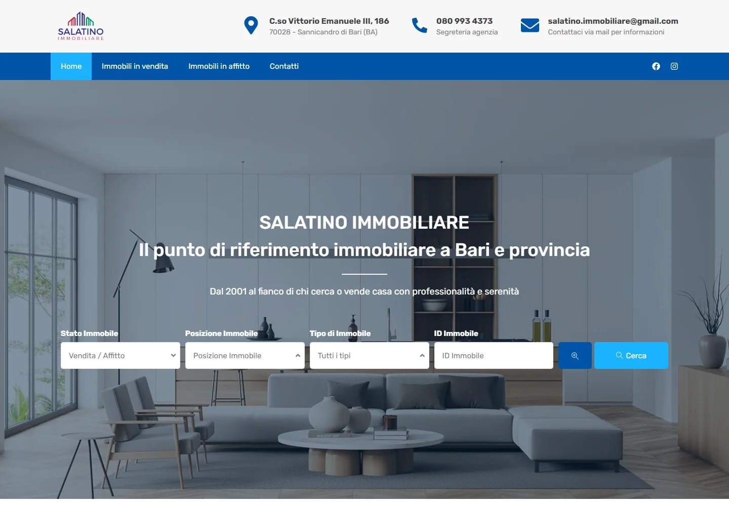 Screenshot reale della homepage Salatino Immobiliare, ricerca immobili in vendita e affitto